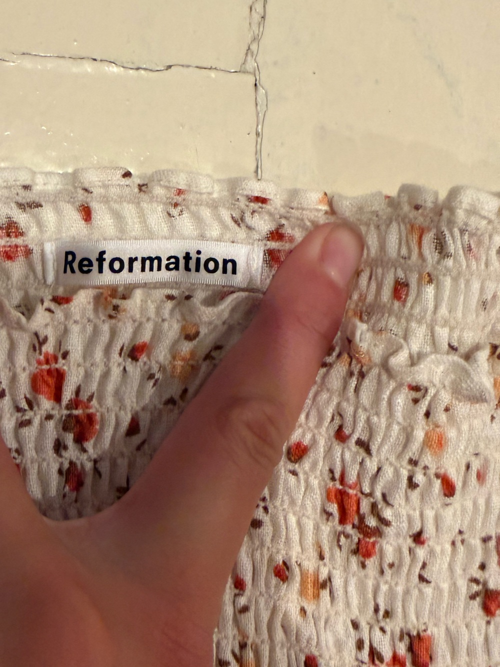 Reformation Cream Floral Smocked Top with Orange & Brown Accents